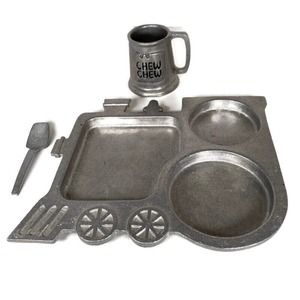 Vintage 1975 York Metalcrafters Train Dish Set Pewter Chew Chew Plate Spoon Cup